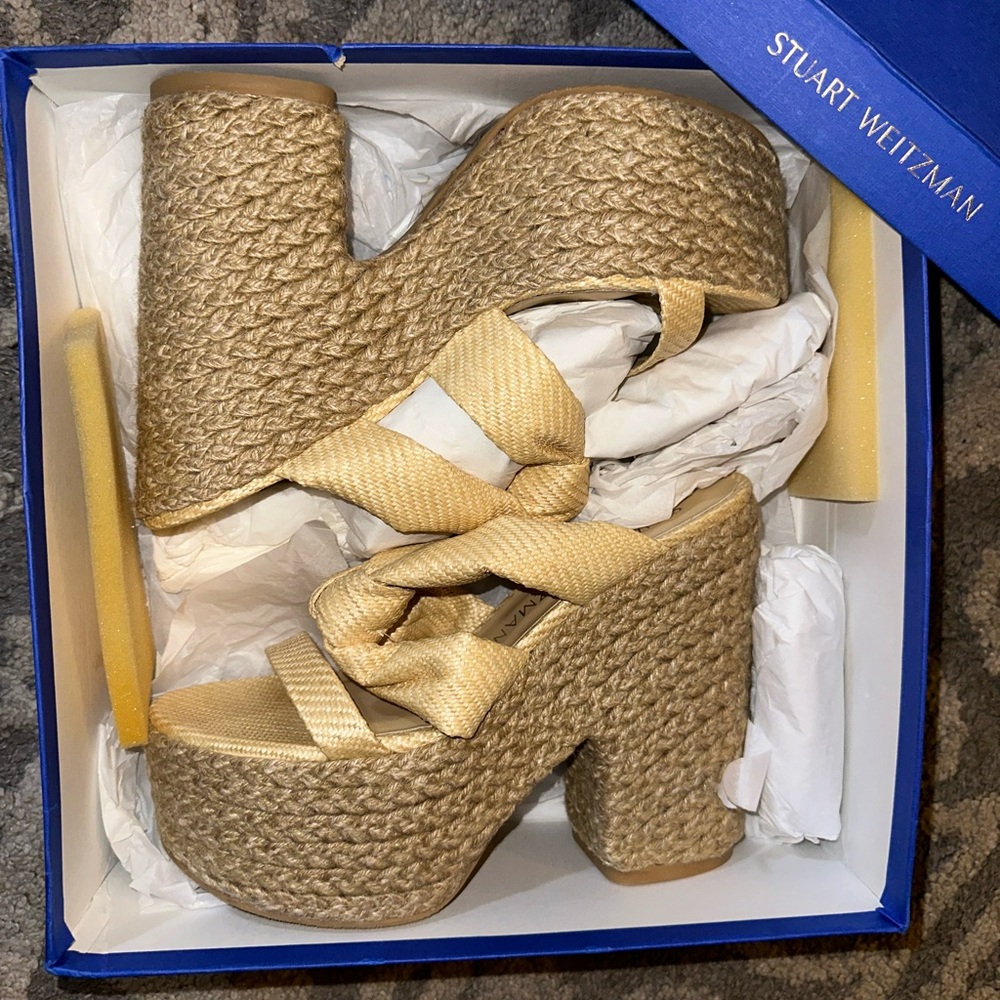 Stuart Weitzman Raffia Platform Wedge Sandals Size 9.5B Neutral Summer Heels